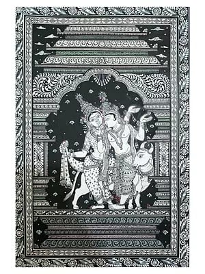 Radha And Krishna With Cow | Watercolor On Handmade Sheet | By Jayadev Moharana