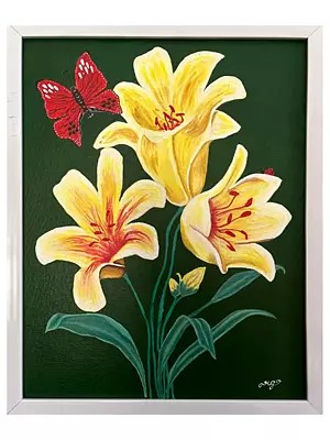 Yellow Lilly Flowers | With Frame | Acrylic On Canvas | By Ruchi Gupta