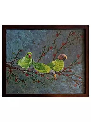 Parrots On The Branch | With Frame | Oil And Acrylic On Canvas | By Ruchi Gupta