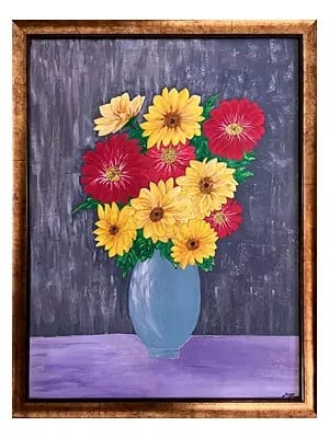 Painting of Beautiful Flower Vase with Frame | Oil and Acrylic on Canvas | By Ruchi Gupta