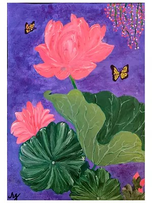Butterflies On Blooming Lotus | Acrylic On Canvas | By Ruchi Gupta