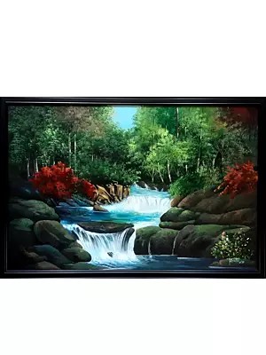 Landscape Art of Lakes and Waterfall | Acrylic on Canvas | By Justin Raj N