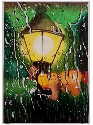 Rainfall Street Light | Oil Pastel on Paper | By Kush Gupta | Without Frame