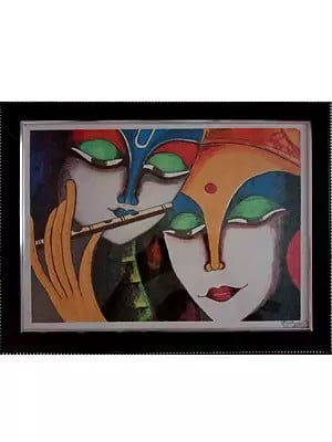 Krishna Playing Flute with Radha | Oil Pastel on Paper | By Kush Gupta | Without Frame