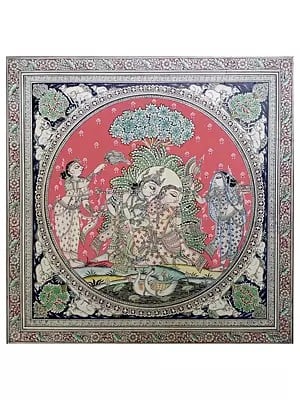 Radha And Krishna With Devotees | Natural Color On Handmade Sheet | By Rakesh Kumar