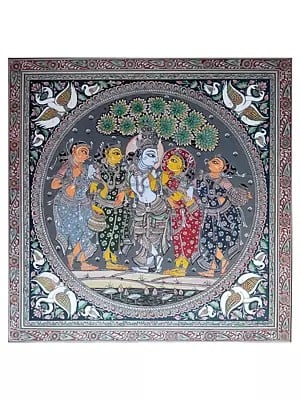 Radha And Krishna By The Pond With Gopis | Natural Color On Handmade Sheet | By Rakesh Kumar