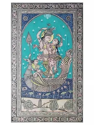 Radha And Krishna In Swan Boat | Natural Color On Handmade Sheet | By Rakesh Kumar