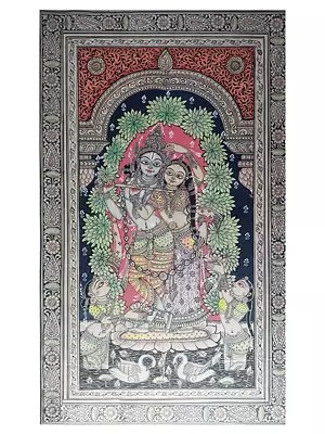 Divine Radha And Krishna With Devotees | Natural Color On Handmade Sheet | By Rakesh Kumar