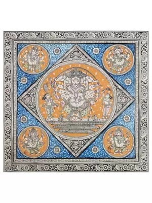 Worship Of Panchamukhi Ganesha | Natural Color On Handmade Sheet | By Rakesh Kumar