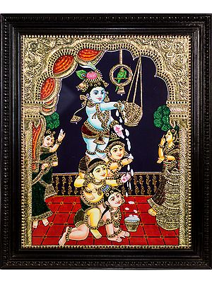 Uriyadi Krishna Tanjore | Traditional Colors With 22K Gold | With Frame | By Shagun Sengar Shaha