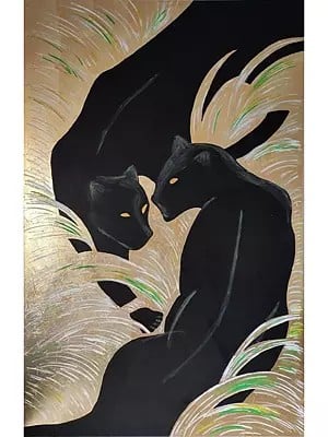 Pair Of Black Panther | Acrylic With Gold Leaf On Canvas | By Anant Roop Art Studio