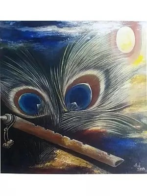 Krishna's Flute With Morpankh | Acrylic On Canvas | By Alka Sengar | Without Frame