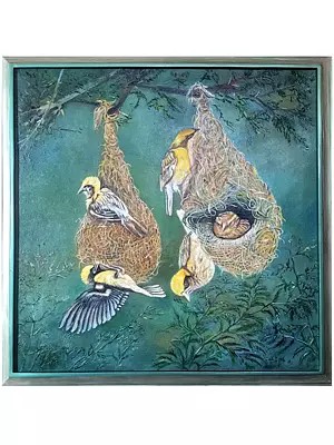 Hanging Nest Of Sunbirds | Oil On Canvas | By Alka Sengar | With Frame