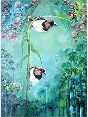 Birds In Sugarcane Field  | Oil On Canvas | By Alka Sengar | Without Frame