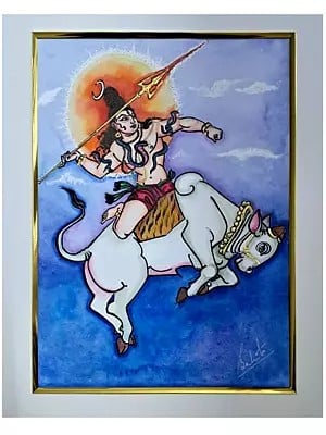 Shiva With His Nandi | Natural Colors On Paper | By Babita | Without Frame