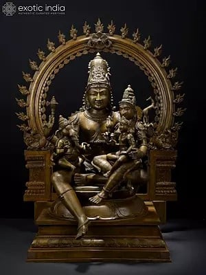 31" Large Shiva Family Seated on Kirtimukha Throne | Bronze Sculpture