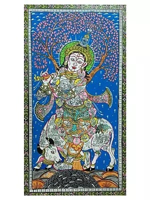 Lord Krishna With Story | Natural Colors On Handmade Canvas | By Sachikant