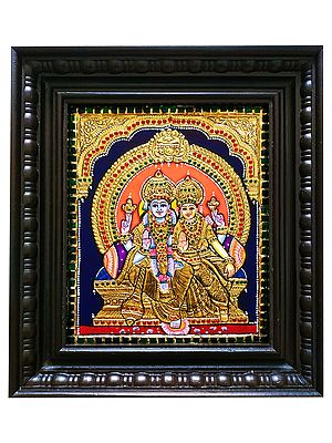 Lord Vishnu With Goddess Lakshmi | Tanjore Painting With Frame | Traditional Colors With Gold Foil Work