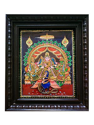 Lord Kartikeya With Goddess Valli And Deivanai | Tanjore Painting With Frame | Traditional Colors With Gold Foil Work