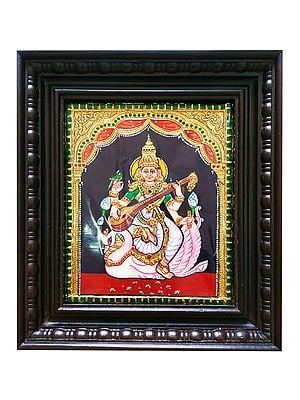 Goddess Saraswati With Swan | Tanjore Painting With Frame | Traditional Colors With Gold Foil Work