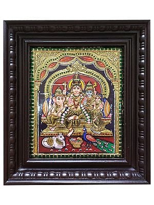 Lord Shiva Family | Tanjore Painting With Frame | Traditional Colors With Gold Foil Work