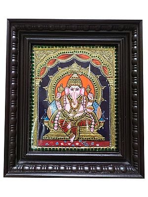 Lord Ganesha On Throne | Tanjore Painting With Frame | Traditional Colors With Gold Foil Work