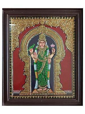 Chaturbhuj Goddess Meenakshi Amman | Tanjore Painting With Frame | Traditional Colors With Gold Foil Work