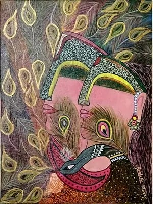 Radha Krishna With Peacock | Acrylic on Canvas | By Pushpa Mahadeo More