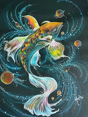 Sparkling Colorful Fish In The Space | Mixed Media On Black Sheet | By Megha Chakraborty