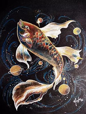Floating Fish In Universe | Mixed Media On Black Sheet | By Megha Chakraborty