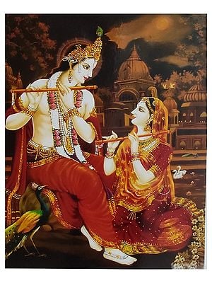 Radha And Krishna Playing Flute | Acrylic Color With Gold Foil Work