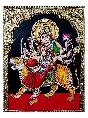 Ashtabhuja Goddess Durga On Lion | Acrylic Color With Gold Foil Work