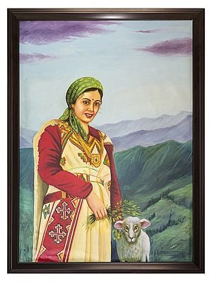 Kullu Damsel With Her Sheep | Oil On Canvas | By Dinesh Attry | With Frame