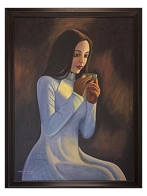 The Lady With Coffee Mug | Oil On Canvas | By Dinesh Attry | With Frame