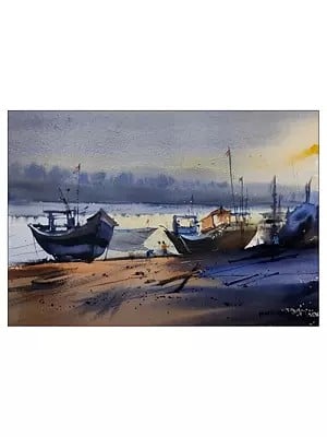 The Edge Of Ghat With Boats | Watercolor On Paper | By Purendrakumar Deogirkar