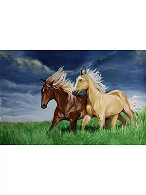 Two Horses Running In A Field | Oil On Canvas  | By Souvik Hazra