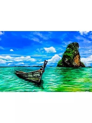 Boat Near Island | Oil on Canvas | Artwork by Souvik Hazra