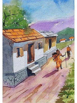 Indian Village | Watercolor on Chitrapat Paper | By Chakradhar Mahato