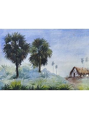 Palm Trees in Village | Watercolor on Chitrapat Paper | By Chakradhar Mahato