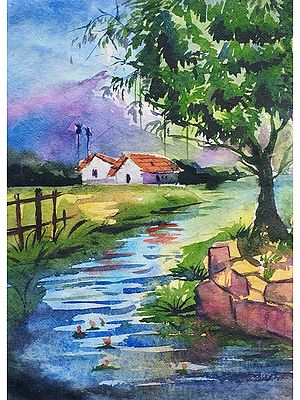 Beautiful Village Painting | Watercolor on Chitrapat Paper | By Chakradhar Mahato