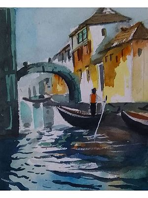 A Boat Ride in Venice | Watercolor on Chitrapat Paper | By Chakradhar Mahato