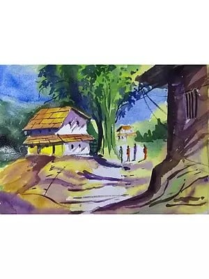 Village View | Watercolor on Chitrapat Paper | By Chakradhar Mahato