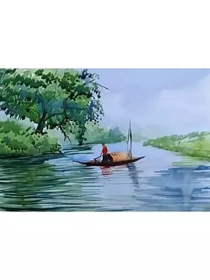 Boat in A River | Watercolor on Paper | By Chakradhar Mahato