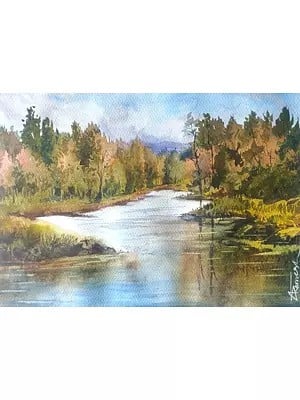 Flowing River In The Forest | Watercolor On Fabriano Paper | By Ramesh Sharma