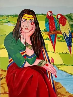 Woman And Parrot | Acrylic On Canvas | By K B Shikhare