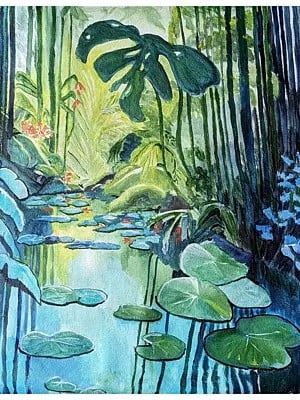 Floating Lotus Leaves In Pond | Acrylic On Canvas | By Rajeswari Swaminathan