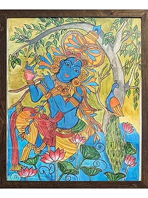 Fluting Krishna Under The Tree | With Frame | Acrylic On Canvas | By Rajeswari Swaminathan