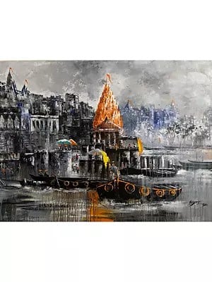 Spiritual Ghat Of Banaras | Mixed Media On Canvas | By Abhi Biswas