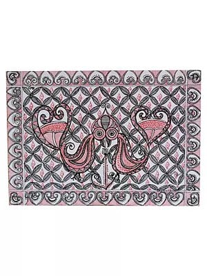 Pair of Peacock in Madhubani Style | Pen on Handmade Paper | By Pooja Jha