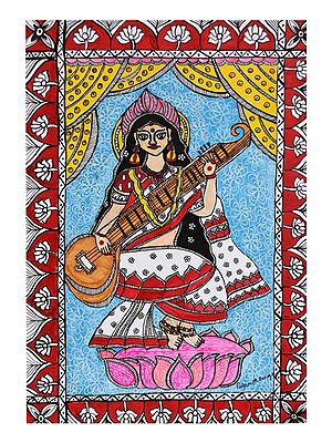 Madhubani Goddess Saraswati | Color and Pen on Watercolor Paper | By Pooja Jha